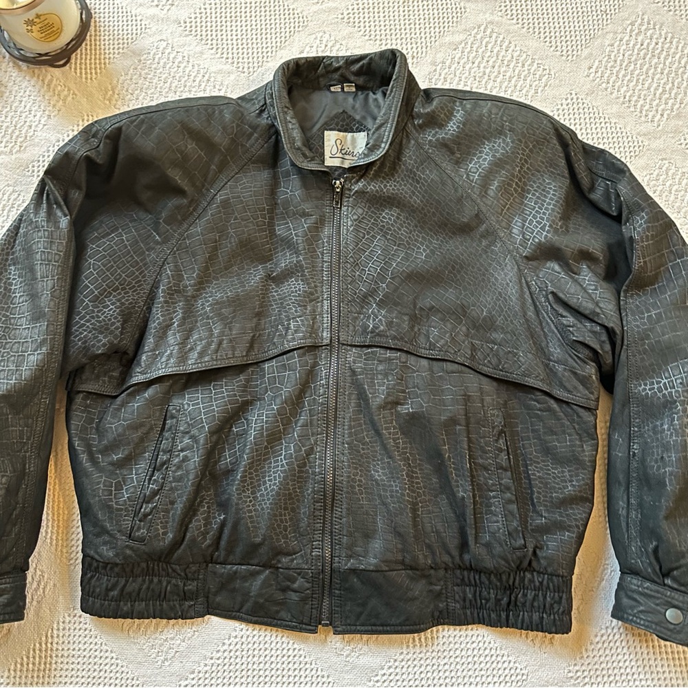 VTG Reptile Print Genuine Leather Black Jacket Coat Women’s XL Moto Y2K Biker